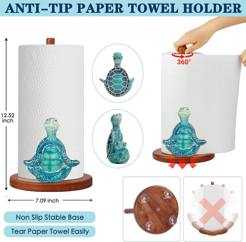 Countertop Home,4 Turtle Paper Towel Holder,Coastal Kitchen Decorative,Funny Yoga Turtle Wooden Blue Paper Towel Stand