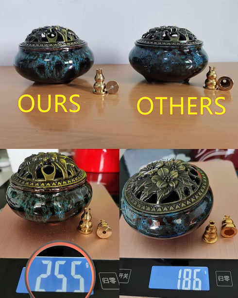 Ceramic Incense Burner with Stick Holder + Insulation for Stick or Coil Incense, Sage Cones, Frankincense (Fambe Blue)