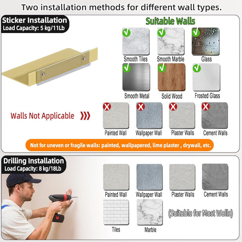Set 2, HNVNER Metal Floating Shelves, of Brushed Gold Wall Shelves Picture Ledge, Shower Caddy Wall Mounted, Decorative