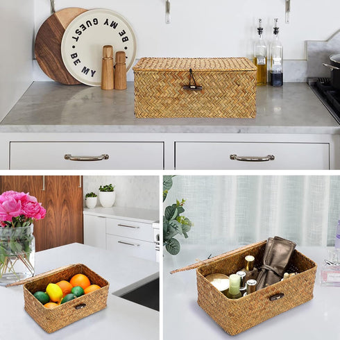 Hipiwe Wicker Shelf Baskets Bin with Lid, Handwoven Seagrass Basket Storage Bins Rectangular Household Basket Boxes for Shelf Wardrobe Home Organizer, Caramel Small by Hipiwe