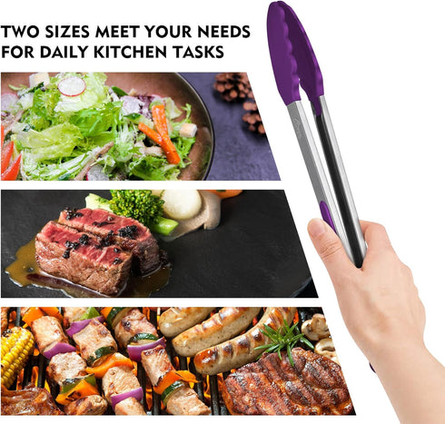 HOTEC Premium Stainless Steel Locking Kitchen Tongs, Set of 2 (9" and 12"), Silicone Tips, Purple
