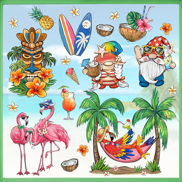 Mfault Summer Gnome Window Clings, 9 Sheets Tropical Tiki Flamingo Parrot Stickers for Seasonal Home Kitchen Decor