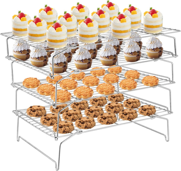 TeamFar 4-Tier Stainless Steel Cooling Rack, 15”x10” for Baking Roasting, Heavy Duty, Dishwasher Safe, Stackable &