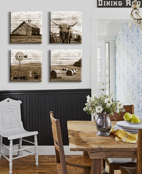 DJSYLIFE Highland Cow Wall Art - Rustic Farmhouse Canvas Poster for Men's Bedroom Office - 12" Wx12 Hx4
