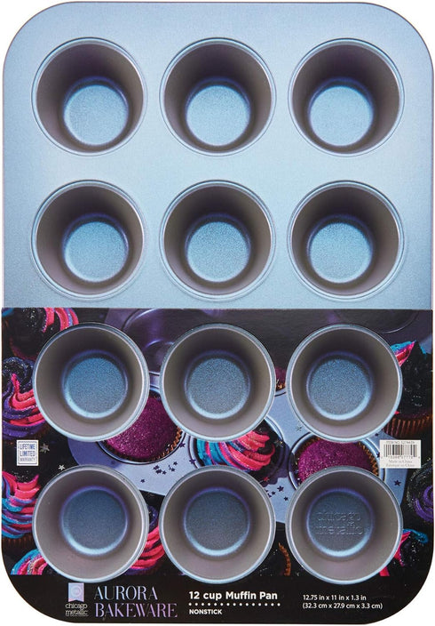 Chicago Metallic Aurora Nonstick Pan, 12 Cup Muffin, Iridescent