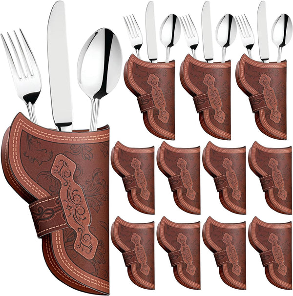 24 Pcs Cowboy Holster Silverware Holders, Vintage Cutlery Sleeve for Knife and Fork Tableware Holder, Western Party