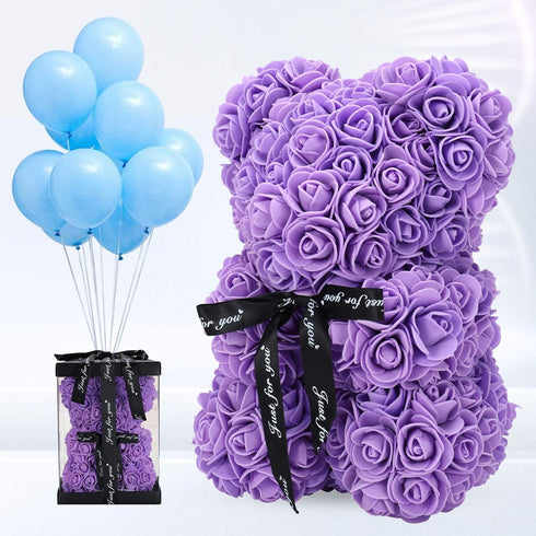 LINKLO Rose Bear, 10 inch Artificial Rose Flower Bear Gift for Wedding, Mothers Day, Anniversary (Purple)