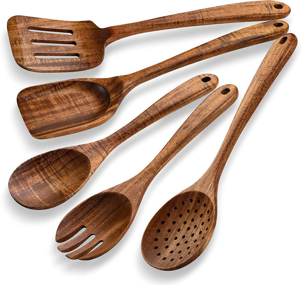 Kitchen Wooden Spoons Utensils Set, 5 Piece Acacia Wood Cooking Utensils for Nonstick Cookware Essentials