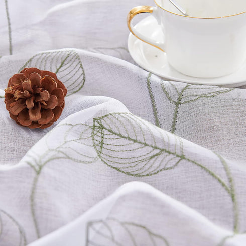 Topick White Sheer Kitchen Curtains with Sage Green Leaf Embroidery, 36 Inch Rod Pocket, 2 Panels for Short Windows
