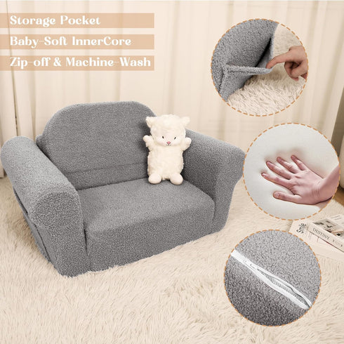 Hrebr 2-in-1 Chairs for Toddler, Toddler Soft Teddy Baby Couch Fold Out, Convertible Chair to Lounger for Girls