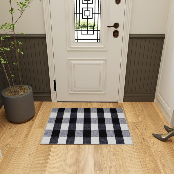 Ottomanson Rugs for Entryway, 2'3" x 3' Non Slip Buffalo Plaid Small Area Rug, Black/White