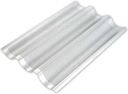 Stainless Steel Perforated Baguette Bread Pan, 15"x10" Loaf Pans for Baking, 3 Waves Toaster Oven Baking Tray (1 Pack)