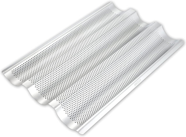 Stainless Steel Perforated Baguette Bread Pan, 15"x10" Loaf Pans for Baking, 3 Waves Toaster Oven Baking Tray (1 Pack)