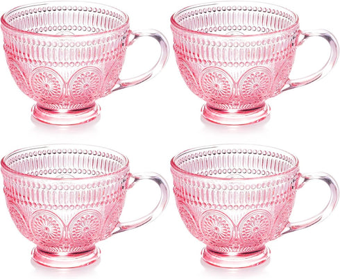 Vintage Glass Coffee Mugs with Handle-14 oz Pink Embossed Glass Cups for