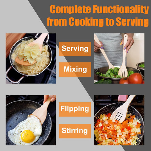 Healthy Wooden Spoons for Cooking, Set of 6, Safe Reliable Cooking Utensils, 100% Natural Nonstick Wood Spatula Spoon