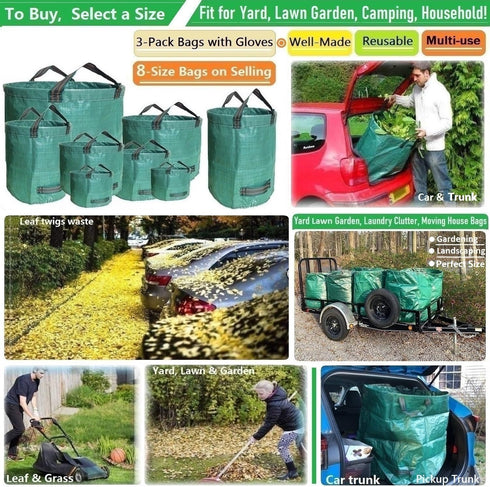 3-Pack 32 (D18,H30 inch) Trimmings 4 Standard Gallon Lawn Garden Bags Yard Waste Bags with Gardening Gloves - Reusable
