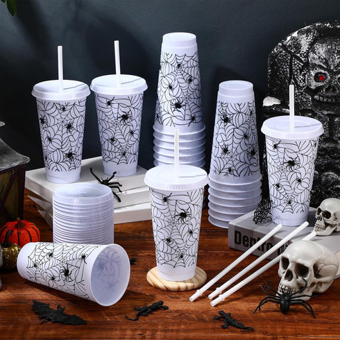 Funnymoom 24 24 Oz Pcs Halloween Cups with Lids and Straws Spiderweb Halloween Plastic Cups Bulk White Mugs for Kids