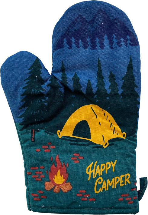 Happy Camper Oven Mitt, Funny Graphic Kitchen Glove for Hiking Campfire Forest Nature Bonfire Kitchenwear