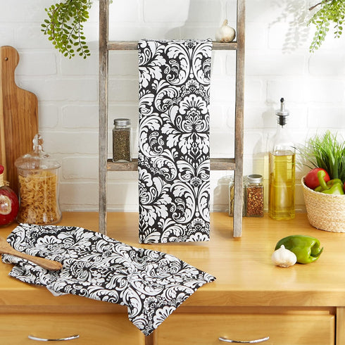 DII Cotton Dish Towel Set, Damask Print, Black, 18x28, 2 Count