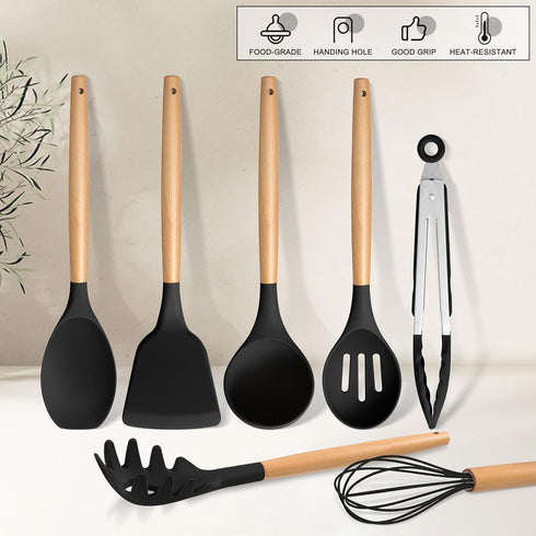 E-far Silicone Cooking Utensils Set, 10-Piece Black Kitchen Tools with Wooden Handle