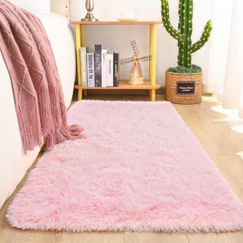 Keeko Pink Runner Rugs for Bedroom Girls Room, 2x6 Fluffy Bedside Kids