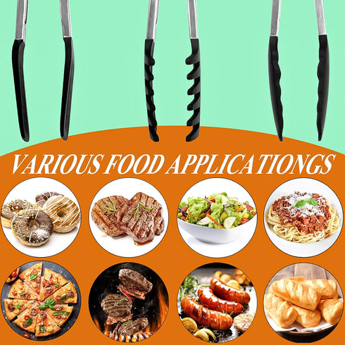 HST 3 Pack Tongs for Cooking with Silicone Tips, Non-Stick Kitchen Tongs for BBQ Baking (12", Black)