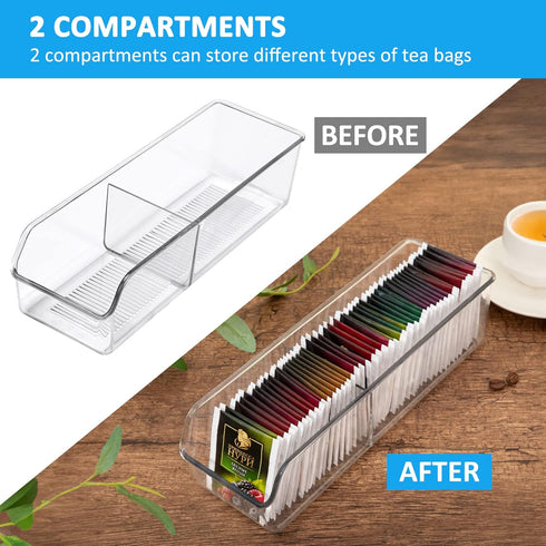 Tea Bag Organizer, Clear Plastic Storage Bin for Tea, Sugar, Coffee, Condiment, and Spice Bags for Countertop