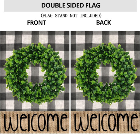 Welcome Summer Garden Flag for Outside - Buffalo Plaid Boxwood Wreath Small Yard Flag, 12x18 Double Sided