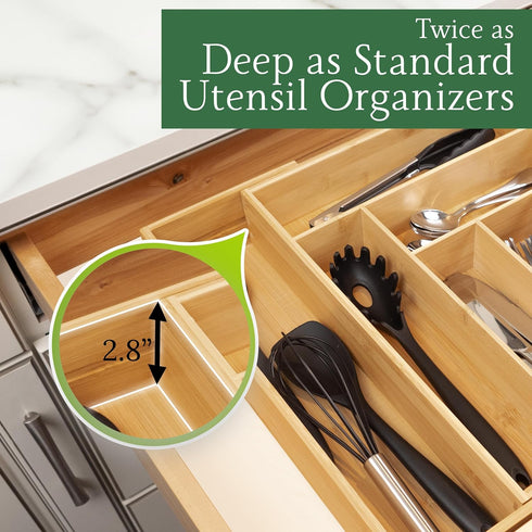 Utensil Drawer Organizer - 3" Deep 100% Bamboo Expandable Adjustable Kitchen Silverware Storage Tray with Magnetic Lock