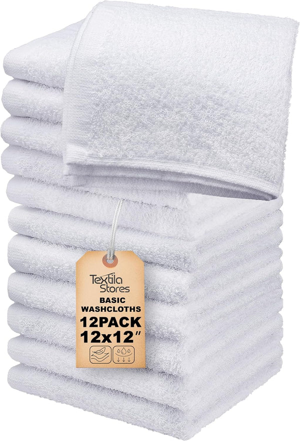 Basic Wash Cloths 12x12 Inches Pack of 12 White Color Soft and