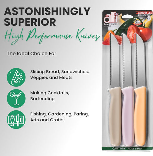 Alfi All-Purpose Knives, Aerospace Precision Pointed Tip, Serrated Steak Knives Set, Made in USA