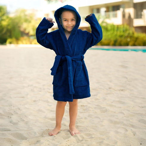 9-12 BAGNO MILANO Kids Organic Turkish Cotton Hooded Beach Cover-Up Towel, GOTS Certified, for Boys and Girls (Navy