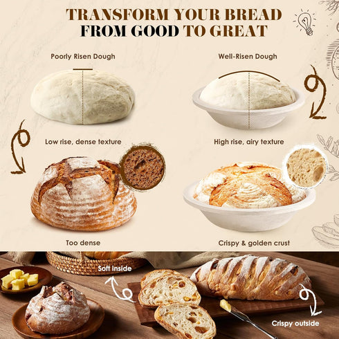 Risecret 9" 10" 34 oz Sourdough Starter Kit with Aliquot Jar, Wood Pulp Round & Oval Bannetons & Sourdough Starter Jar