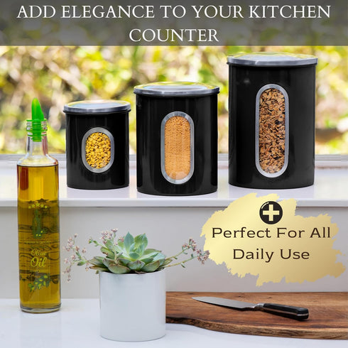 Mixpresso 3-Piece Black Kitchen Canisters Set, Airtight with See-Through Window for Coffee, Tea, Sugar
