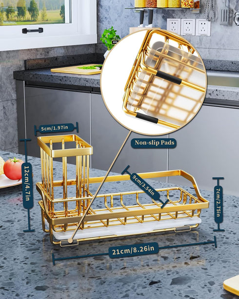 Consumest Sink Caddy, Kitchen Sponge Holder + Dish Brush Holder, Stainless Steel Rustproof Sink Organizer - Gold