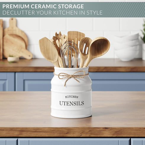 Barnyard Designs Ceramic Farmhouse Utensil Holder for Kitchen Counter, Large Rustic Utensil Crock, 6.75” (White)