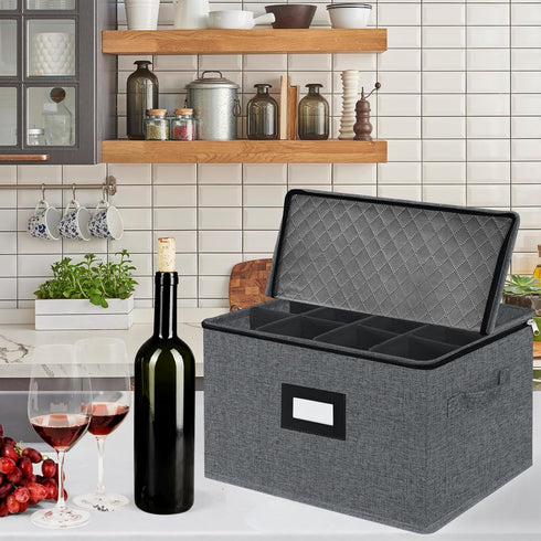 Stemware Storage Cases, Quilted Glassware Storage with Dividers for 12 Red Wine Glasses, Stackable Dark Gray