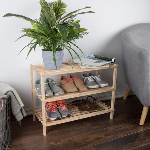 3-Tier Closet, 9 Shoe Storage Rack - Wood Shoe Organizer for Bathroom, Entryway - Footwear Shelf Holds Pairs Sneakers