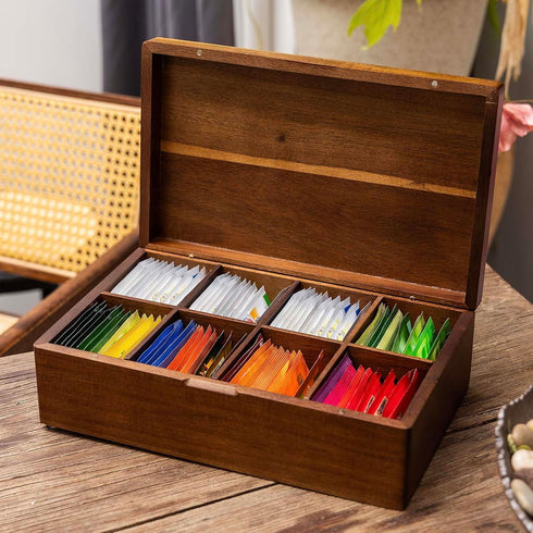 packet 8 Acacia Wooden Tea Bag Organizers, Tea Storage Boxes, Tea Caddy for Tea Bags Chest, Teabag Holder Containers