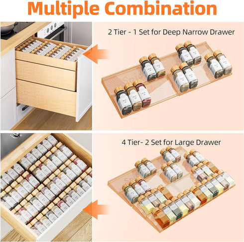 4 4 Pack 11'' 22'' PanPanPal Spice Drawer Organizer, Tier- Amber Acrylic Drawer Seasoning Organizer, Expandable From