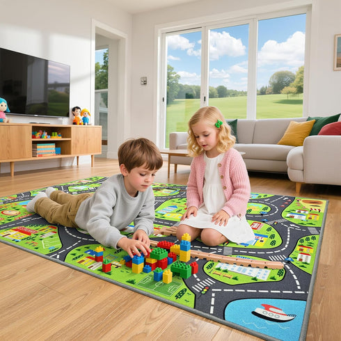 72"x48" City Life Car Play Rugs, Educational and Fun Urban Road Play Mat for Kids, Non-Slip Playmat with Streets