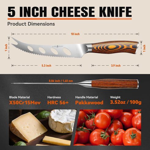 TUO Cheese Knife, Tomato Knife 5.5" - Serrated Blade, High Carbon German Steel, Multi-Use Non Stick Design, Pakkawood