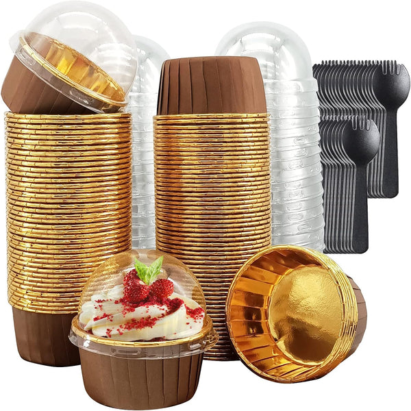 Foil Cupcake Liners with Dome Lids, 100 Pack LNYZQUS 5.5 Oz Muffin Cups, Large Baking Cups with Spoons - Brown