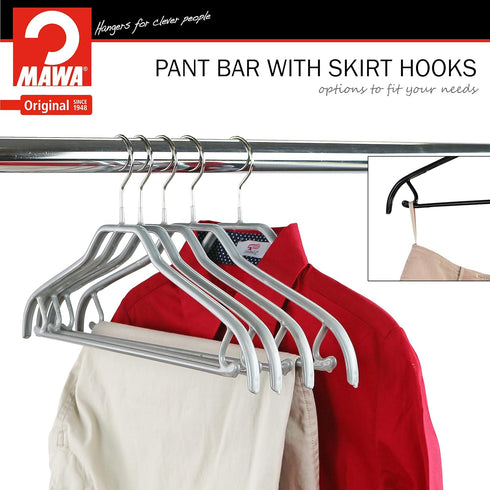 MAWA by Reston Lloyd Silhouette Series Non-Slip Clothes Hanger with Bar & Hook for Pants and Skirts, Set of 5, Silver