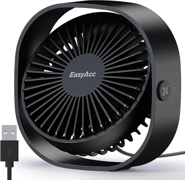 EasyAcc USB Desk Fan: 3 Speeds USB Powered Fan, 360° Rotatable Personal Table Fan for Home, Bedroom, Office (No Battery)