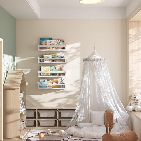Onlysky Set 4 of Wall-Mounted Kid's Bookshelf - White Floating Nursery Book Shelves - Durable Wood Construction - Ideal