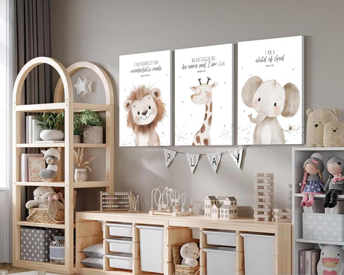 4Pcs Nursery Bible Verse Animal Canvas Wall Art Funny Cute Safari Animals Christian Painting Picture Wall Decor Lions