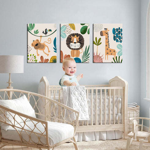 Set 3 12x16in AKWISH Safari Jungle Nursery Wall Decor of - Framed Animal Canvas Wall Art for Baby Room, Toddler Boy
