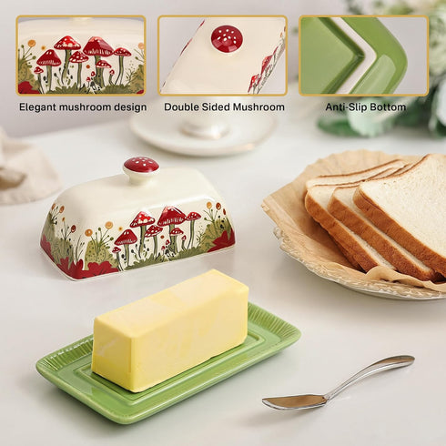 Ceramic Mushroom Butter Dish with Lid for Countertop, Large Covered Butter Tray (White & Red Mushroom)