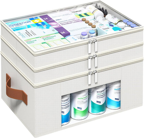 3-Tier Medicine Organizer for Cabinet, Foldable Medicine Storage Box with Clear Cover